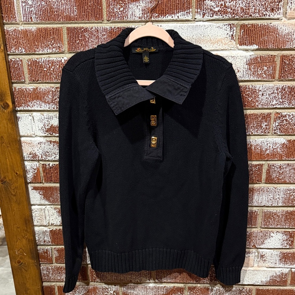 Lauren Ralph Lauren Women Collar Fish Lip Knit Heavy Sweater with Gold Accents L